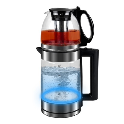 Cam Tasarımlı LED Işıklı Kettle Seti | 1500W Güç – 2L Alt + 0.8L Üst