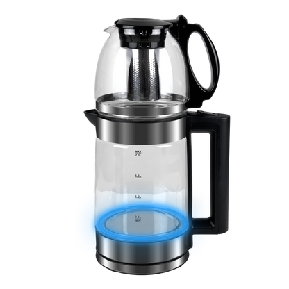 Cam Tasarımlı LED Işıklı Kettle Seti | 1500W Güç – 2L Alt + 0.8L Üst