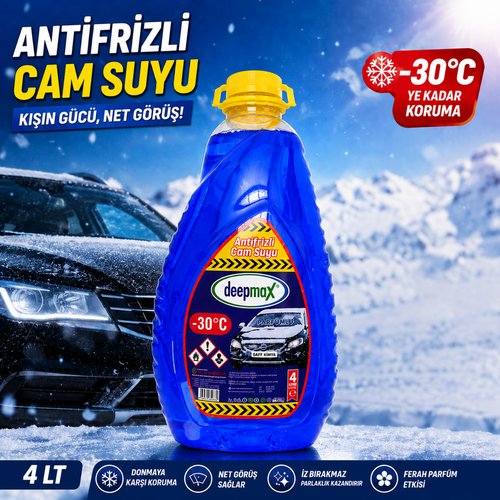 Deepmax -30°C Antifrizli Cam Suyu 4 LT – Donmaya ve Buzlanmaya Karşı Koruyucu Oto Cam Suyu – İz Bırakmayan Net Görüş, Buz ve Kırağı Çözmeye Yardımcı, Ferah Parfümlü Profesyonel Araç Cam Temizleme Suyu