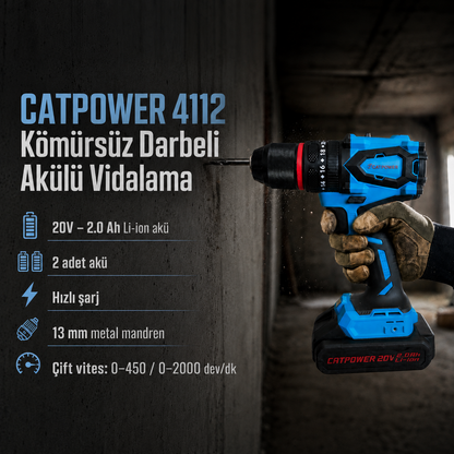 CATPOWER 4112 Kömürsüz Darbeli Akülü Vidalama 20V – Profesyonel Çift Akülü Şarjlı Matkap Vidalama, 50 Nm Tork, 13 mm Metal Mandren, 2 Vites, LED Aydınlatma ve 50 Parça Aksesuar Seti