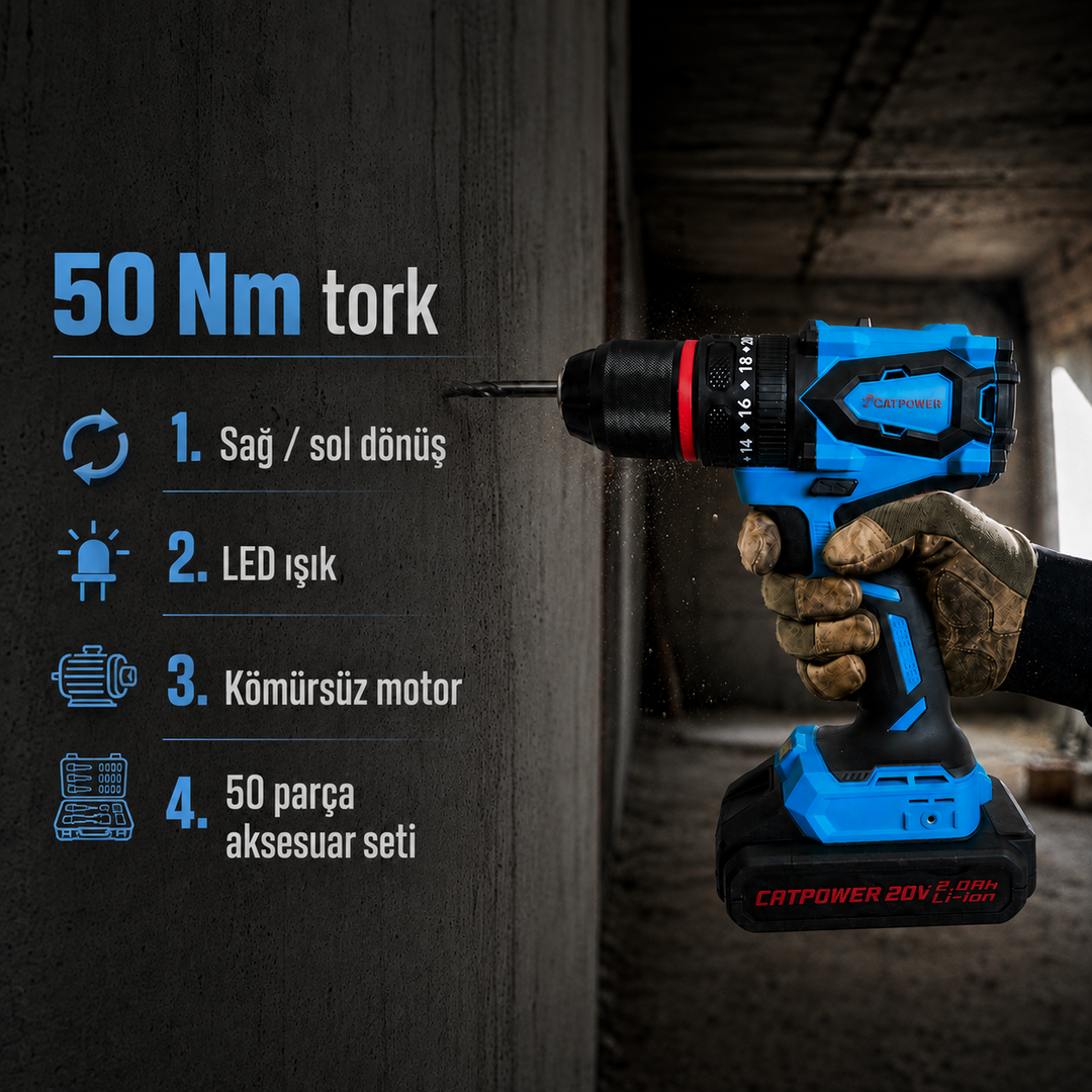 CATPOWER 4112 Kömürsüz Darbeli Akülü Vidalama 20V – Profesyonel Çift Akülü Şarjlı Matkap Vidalama, 50 Nm Tork, 13 mm Metal Mandren, 2 Vites, LED Aydınlatma ve 50 Parça Aksesuar Seti