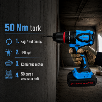 CATPOWER 4112 Kömürsüz Darbeli Akülü Vidalama 20V – Profesyonel Çift Akülü Şarjlı Matkap Vidalama, 50 Nm Tork, 13 mm Metal Mandren, 2 Vites, LED Aydınlatma ve 50 Parça Aksesuar Seti