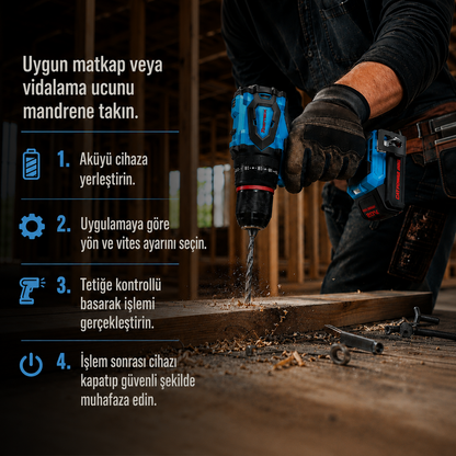 CATPOWER 4112 Kömürsüz Darbeli Akülü Vidalama 20V – Profesyonel Çift Akülü Şarjlı Matkap Vidalama, 50 Nm Tork, 13 mm Metal Mandren, 2 Vites, LED Aydınlatma ve 50 Parça Aksesuar Seti