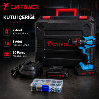 CATPOWER 4112 Kömürsüz Darbeli Akülü Vidalama 20V – Profesyonel Çift Akülü Şarjlı Matkap Vidalama, 50 Nm Tork, 13 mm Metal Mandren, 2 Vites, LED Aydınlatma ve 50 Parça Aksesuar Seti