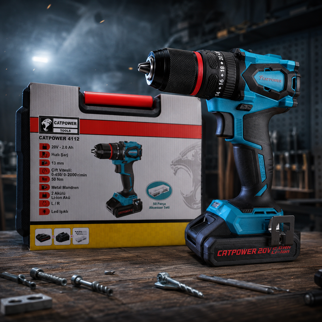 CATPOWER 4112 Kömürsüz Darbeli Akülü Vidalama 20V – Profesyonel Çift Akülü Şarjlı Matkap Vidalama, 50 Nm Tork, 13 mm Metal Mandren, 2 Vites, LED Aydınlatma ve 50 Parça Aksesuar Seti