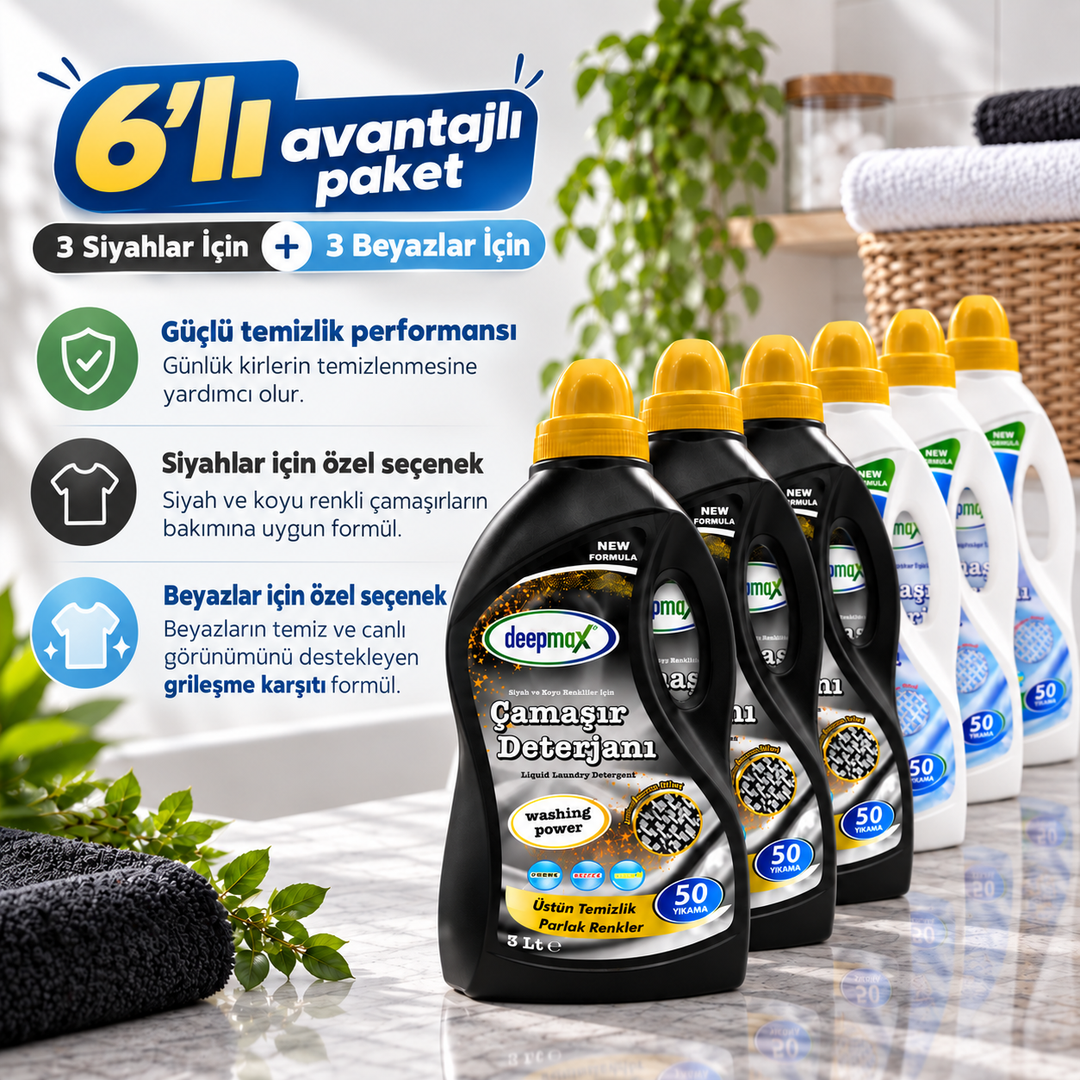 6’lı Çamaşır Deterjanı Seti – 3 Beyazlar İçin + 3 Siyahlar İçin