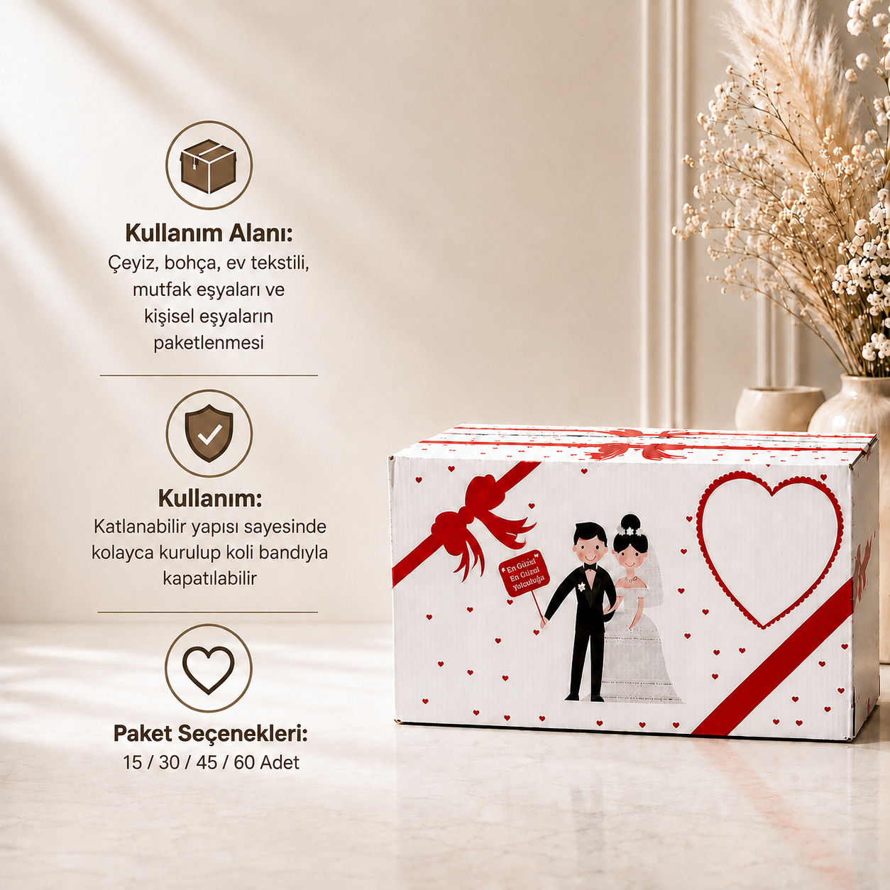 ÖZEL BASKILI GELİN KOLİSİ – 60x38x30 CM | DAYANIKLI VE ESTETİK TASARIM