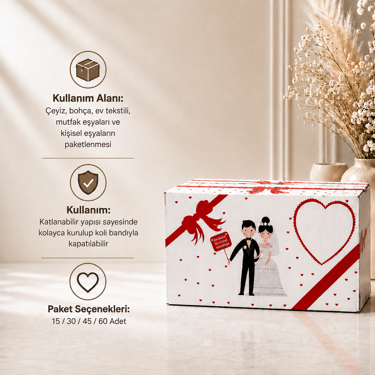 ÖZEL BASKILI GELİN KOLİSİ – 60x38x30 CM | DAYANIKLI VE ESTETİK TASARIM