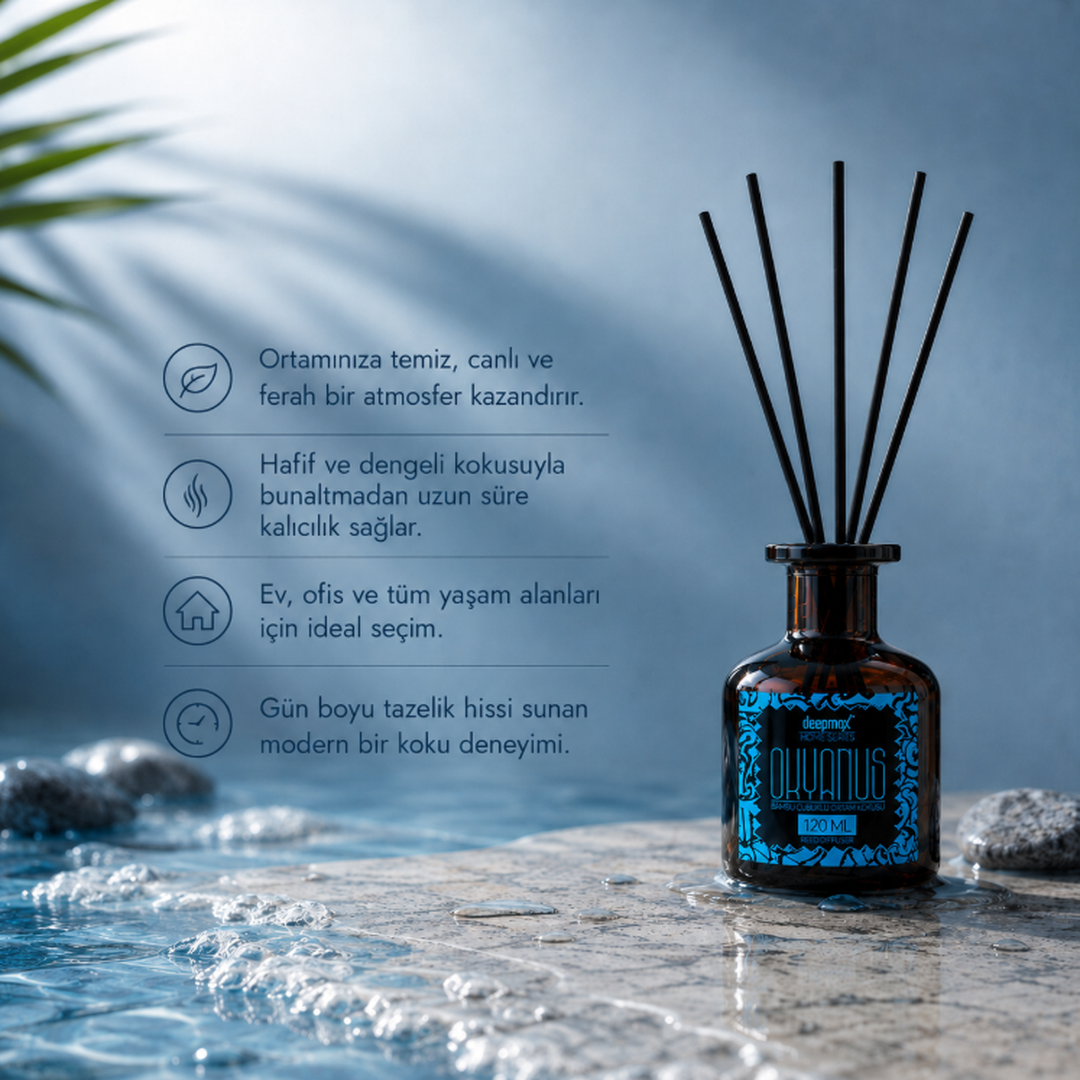 Deepmax Home Series Okyanus Bambu Çubuklu Ortam Kokusu 120 ML – Ferah ve Kalıcı Okyanus Esintisi – Bambu Çubuklu Reed Diffuser – Salon, Yatak Odası, Banyo, Ofis ve Yaşam Alanları İçin Dekoratif Ortam Kokusu