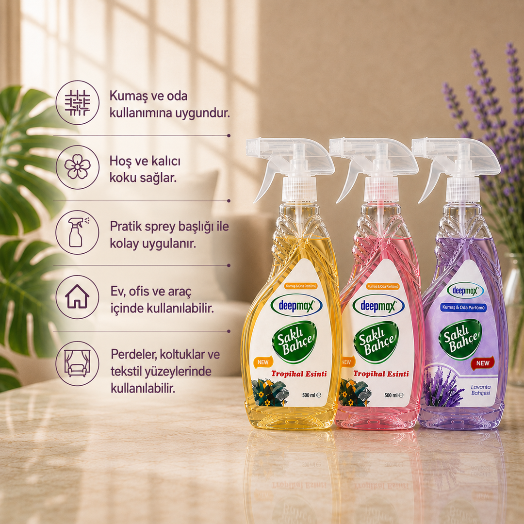 Deepmax Saklı Bahçe Oda ve Kumaş Parfümü 500 ML – Tropikal Esinti ve Lavanta Bahçesi Seçenekleriyle – Kalıcı Ferahlık ve Hoş Koku – Ev, Ofis, Perde ve Tekstil Kullanımına Uygun