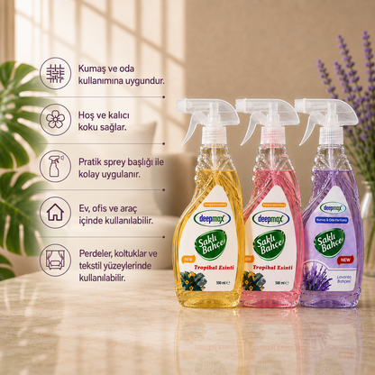 Deepmax Saklı Bahçe Oda ve Kumaş Parfümü 500 ML – Tropikal Esinti ve Lavanta Bahçesi Seçenekleriyle – Kalıcı Ferahlık ve Hoş Koku – Ev, Ofis, Perde ve Tekstil Kullanımına Uygun