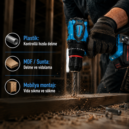 CATPOWER 4112 Kömürsüz Darbeli Akülü Vidalama 20V – Profesyonel Çift Akülü Şarjlı Matkap Vidalama, 50 Nm Tork, 13 mm Metal Mandren, 2 Vites, LED Aydınlatma ve 50 Parça Aksesuar Seti