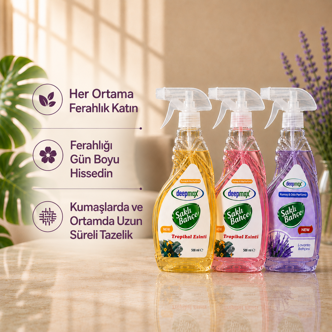 Deepmax Saklı Bahçe Oda ve Kumaş Parfümü 500 ML – Tropikal Esinti ve Lavanta Bahçesi Seçenekleriyle – Kalıcı Ferahlık ve Hoş Koku – Ev, Ofis, Perde ve Tekstil Kullanımına Uygun