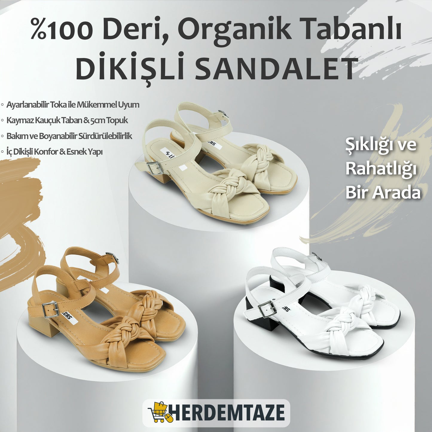 Organik Tabanlı %100 Deri Dikişli Kadın Sandalet
