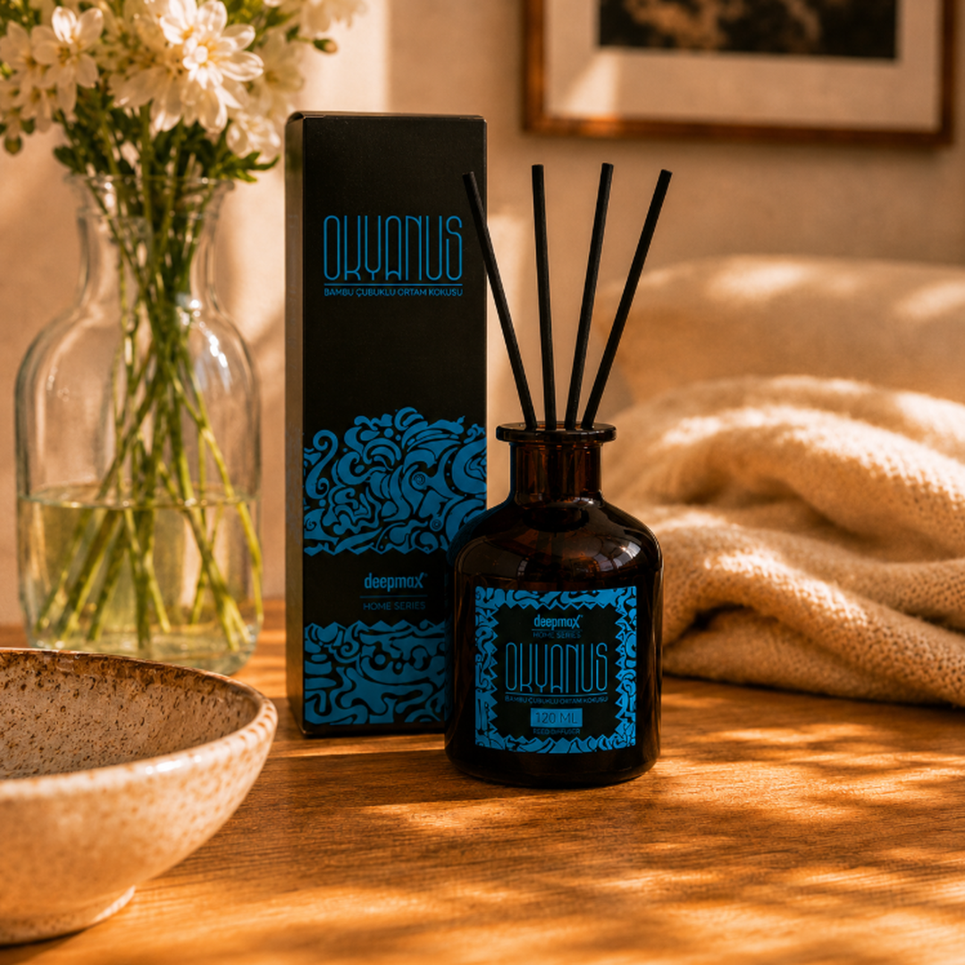 Deepmax Home Series Okyanus Bambu Çubuklu Ortam Kokusu 120 ML – Ferah ve Kalıcı Okyanus Esintisi – Bambu Çubuklu Reed Diffuser – Salon, Yatak Odası, Banyo, Ofis ve Yaşam Alanları İçin Dekoratif Ortam Kokusu
